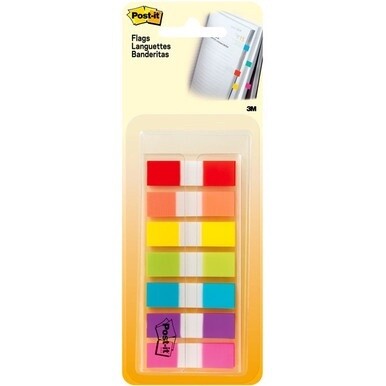 Post-it&amp;reg; Flags in On-the-Go Dispenser - 0.50" x 1.75" - Red, Orange, Yellow, Green, Blue, Purple, Pink - Self-stick - 1 / Pack