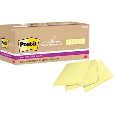 Post-it&amp;reg; Super Sticky Adhesive Note - 3" x 3" - Square - 70 Sheets per Pad - Canary Yellow - Repositionable - 24 / Pack - Recycled