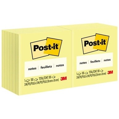 Post-it&amp;reg; Notes Original Notepads - 3" x 3" - Square - 100 Sheets per Pad - Unruled - Canary Yellow - Paper - Self-adhesive, Repositionable - 12 / Pack