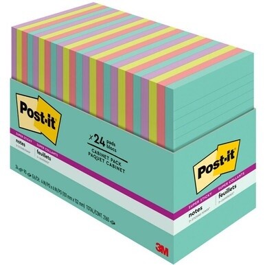 Post-it&amp;reg; Super Sticky Notes - Supernova Neons Color Collection - 4" x 6" - Rectangle - 45 Sheets per Pad - Blue, Green, Pink, Lilac - Sticky - 24 / Pack