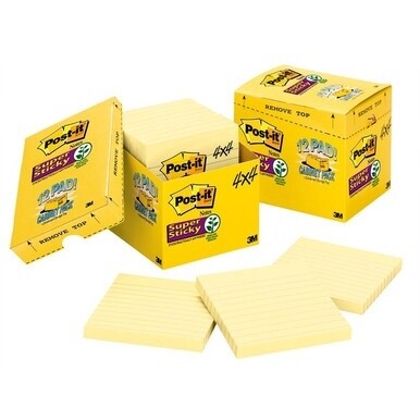 Post-it&amp;reg; Super Sticky Lined Notes Cabinet Pack - 1080 - 4&quot; x 4&quot; - Square - 90 Sheets per Pad - Ruled - Canary Yellow - Paper - Self-adhesive, Repositionable - 12 / Pack