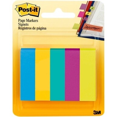 Post-it&amp;reg; Page Markers - 100 - 0.50" x 2" - Rectangle - Unruled - Electric Blue, Yellow, Aqua Wave, Light Mulberry, Neon Green - Paper - Removable, Self-adhesive - 500 / Pack