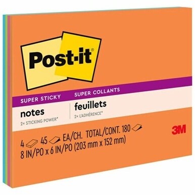 Post-it&amp;reg; Super Sticky Notes - Energy Boost Color Collection - 180 - 6" x 8" - Rectangle - 45 Sheets per Pad - Unruled - Vital Orange, Tropical Pink, Limeade, Blue Paradise - Paper Fibre - Self-adh