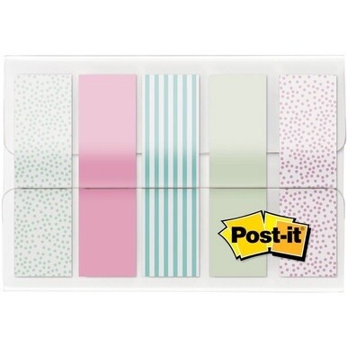 Post-it&amp;reg; Printed Flags - 100 x Assorted Pastel - 0.50&quot; x 1.75&quot; - 20 Sheets per Pad - Green, Pink, Blue - Self-adhesive, Sticky, Removable, Writable - 100 / Pack