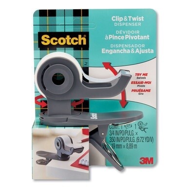 Clip and Twist Desktop Tape Dispenser, with Tape Roll, 1&quot; Core, Plastic, Gray
