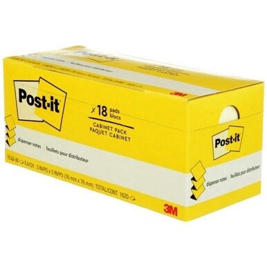 Post-it&amp;reg; Dispenser Notes - 1620 - 3&quot; x 3&quot; - Square - 90 Sheets per Pad - Unruled - Canary Yellow - Paper - Self-adhesive, Removable - 18 / Pack
