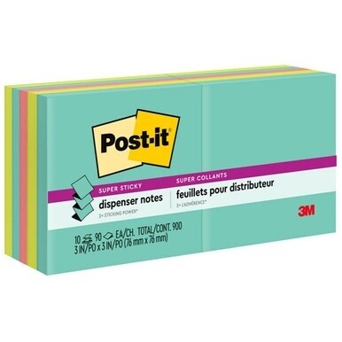 Post-it&amp;reg; Super Sticky Dispenser Notes - Supernova Neons Color Collection - 900 x Multicolor - 3" x 3" - Rectangle - 90 Sheets per Pad - Aqua Splash, Acid Lime, Guava - Paper - Self-adhesive, Remov