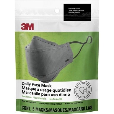 3M Daily Face Masks - Recommended for: Face, Indoor, Outdoor, Office, Transportation - Cotton, Fabric - Gray - Lightweight, Breathable, Adjustable, Elastic Loop, Nose Clip, Comfortable, Washable - 5 /