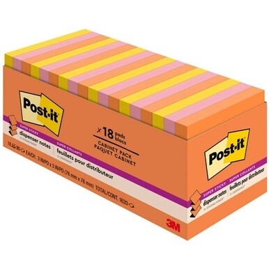 Post-it&amp;reg; Super Sticky Dispenser Notes - Energy Boost Color Collection - 3" x 3" - Rectangle - Vital Orange, Tropical Pink, Sunnyside - Paper - Self-adhesive, Removable, Recyclable - 18 / Pack