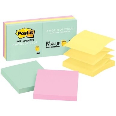 Post-it&amp;reg; Dispenser Notes - 600 - 3" x 3" - Square - 100 Sheets per Pad - Unruled - Green, Pink, Yellow - Paper - Pop-up, Self-adhesive, Repositionable - 6 / Pack