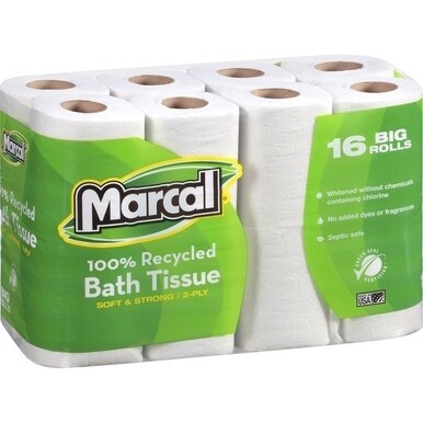 Marcal 100% Recycled Soft/Strong Bath Tissue - 2 Ply - 4.20&quot; x 3.60&quot; - 168 Sheets/Roll - White - Hypoallergenic, Septic Safe, Strong, Soft - For Bathroom - 16 Rolls Per Pack - 1 Each