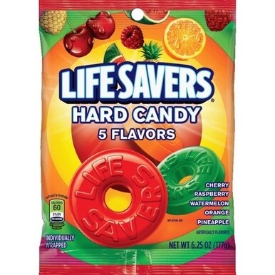 Wrigley LifeSavers 5 Flavors Hard Candies - Cherry, Raspberry, Watermelon, Orange, Pineapple - Individually Wrapped - 6.25 oz - 1 / Bag