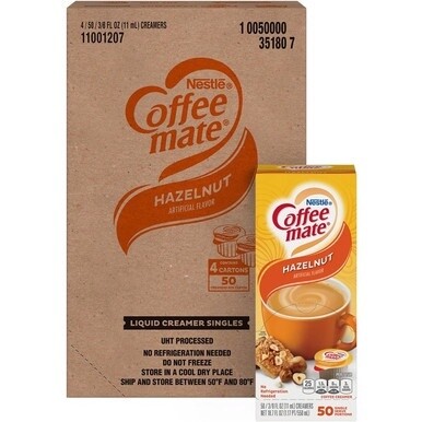 Coffee mate Hazelnut Liquid Coffee Creamer Singles - Gluten-free - Hazelnut Flavor - 0.38 fl oz (11 mL) - 200/Carton - 50 Per Box - 50 Serving
