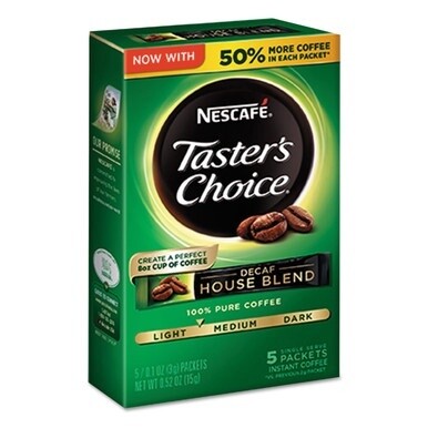 Taster&#39;s Choice Decaf House Blend Instant Coffee, 0.1oz Stick, 5/Box, 12 Bx/Ctn