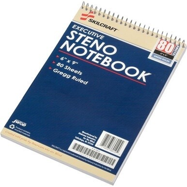 SKILCRAFT Executive Steno Notebooks - 80 Sheets - Spiral - 0.38&quot; Ruled - Gregg Ruled Margin - 15 lb Basis Weight - 6&quot; x 9&quot; - White Paper - Chlorine-free, Durable Cover - 12 / Pack
