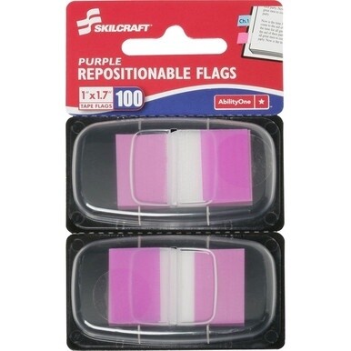 SKILCRAFT 7510013158654 Repositionable Self-stick Flags - 1&quot; x 1.75&quot; - Rectangle - Purple - Repositionable, Self-adhesive, Removable - 100 / Pack - Recycled Bremerton Stocks