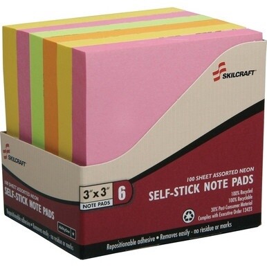 7530014181281 SKILCRAFT Self-Stick Neon Note Pad - Self-adhesive - 3&quot; x 3&quot; - Melon, Lemon, Pink - Paper - 6 / Box