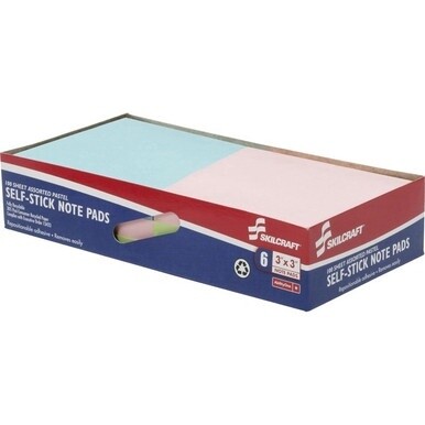 7530014562249 SKILCRAFT Self-Stick Pastel Note Pad - Self-adhesive - 3" x 3" - Blue, Green, Pink, Yellow - Paper - 6 / Pack