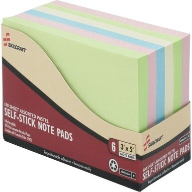 7530-01-456-0683 7530014560683 AbilityOne Self-Stick Note Pad - Pastel - Plain - 3" x 5" - Assorted Pastel