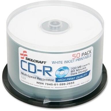 ABILITYONE 7045015992655 7045-01-599-2655  Compact Disc, Recordable, 50 CDs on Spindle, White Ink Jet Printable, White 12 PG