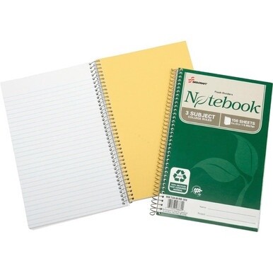 7530-01-600-2020 7530016002020 AbilityOne SKILCRAFTÆ 100% Post-Consumer Recycled Spiral Notebooks and Steno Pads - College Ruled - 3 Subject -  6" x 9-1/2"