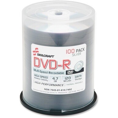 ABILITYONE 7045016147492 7045-01-614-7492  Blank media discs, DVD-R, Thermal Printable, Silver, 16x Speed, 120Min/4.7GB, 100 PK 6 PG