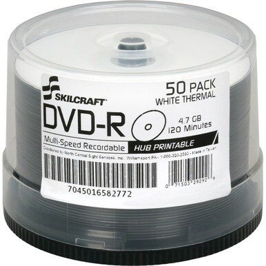 ABILITYONE 7045016582772 7045-01-658-2772  Blank Media Discs, DVD-R, Laser Printable, White, 16x, 4.7GB, 50 Pack Spindle 12 PG