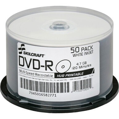 ABILITYONE 7045016582771 7045-01-658-2771  Blank Media Discs, DVD-R, Inkjet Printable, White, 16x, 4.7GB, 50 Pack Spindle 12 PG