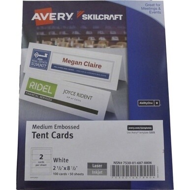 ABILITYONE 7530016878806 7530-01-687-8806  Tent Cards, Uncoated, Embossed, Two-Sided Printing, White, 2-1/2" x 8-1/2", 100 Cards 18 PG