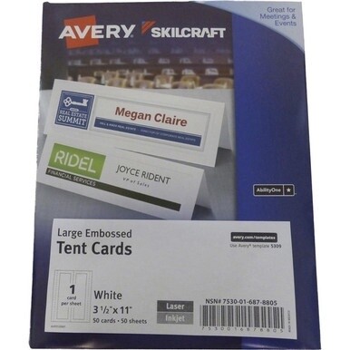 GSA MAS ABILITYONE 7530016878805 7530-01-687-8805  Tent Cards, Uncoated, Embossed, Two-Sided Printing, White, 3-1/2" x 11", 50 Cards 18 PG