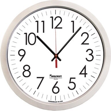 6645-01-698-6555 6645016986555 AbilityOne Quartz Wall Clock - Battery Operated - Plastic Contemporary Frame - 14.5" Diameter - Silver Case/White Face