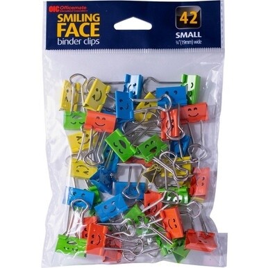 Officemate Smiling Faces Binder Clips - Small - 2.9&quot; Length x 0.8&quot; Width - 0.38&quot; Size Capacity - Foldable, Removable Handle - 42 / Bag - Green, Red, White, Yellow