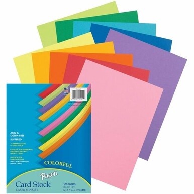 Pacon Colorful Card Stock Sheets - Letter - 8.50&quot; x 11&quot; - 65 lb Basis Weight - 100 Sheets/Pack - Card Stock - 10 Assorted Colors