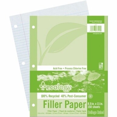 GSA MAS Decorol Recycled Filler Paper - Letter - 150 Sheets - Printed - College Ruled - 0.28125" Front Line(s) Space - Red Margin - 3 Hole(s) - Letter 8.5" x 11" - White Paper - 150 / Pack - 100% Recy
