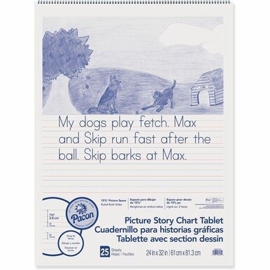 Pacon Ruled Picture Story Chart Tablet - 25 Sheets - Spiral Bound - Both Side Ruling Surface - Ruled - 1.50&quot; Ruled - 13.63&quot; Picture Story Space - 24&quot; x 32&quot; - White Paper - Punched - 1 Each
