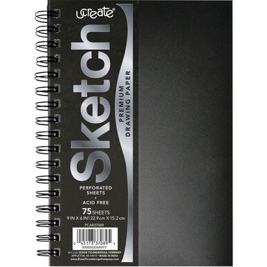 UCreate Poly Cover Sketch Book - 75 Sheets - Spiral - 70 lb Basis Weight - 9&quot; x 6&quot; - BlackPolyurethane Cover - Heavyweight, Acid-free Paper, Durable Cover, Perforated - 1 Each