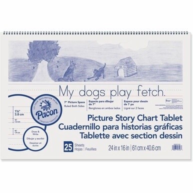 Pacon Ruled Picture Story Chart Tablet - 25 Sheets - Spiral Bound - Both Side Ruling Surface - Ruled - 1.50&quot; Ruled - 7&quot; Picture Story Space - 24&quot; x 16&quot; - White Paper - Punched - Recycled - 1 Each