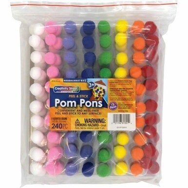 Creativity Street Peel-n-Stick Pom Pons - Project - 11.75&quot;Height x 1.50&quot;Width x 9.25&quot;Length - 240 / Pack - White, Pink, Purple, Blue, Yellow, Orange, Green, Red - Plush