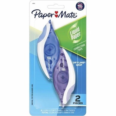 Paper Mate Translucent Dryline Grip Correction Tape - 0.20&quot; Width x 27.89 ft Length - 1 Line(s) - White Tape - Ergonomic Assorted Dispenser - Break Resistant, Tear Resistant - 2 / Pack - Assorted