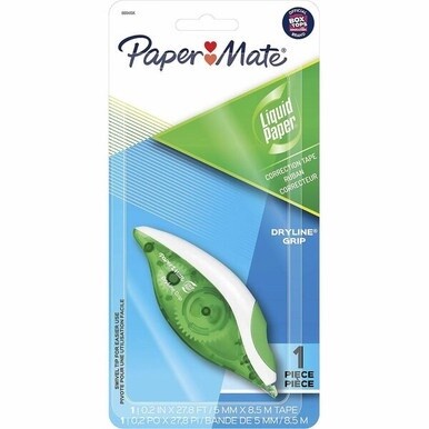 Paper Mate DryLine Grip Correction Tape - 0.20&quot; Width x 27.80 ft LengthGreen, White, Transparent Dispenser - Smooth, Mess-free, Swivel Tip, Ergonomic, Tear Resistant - 1 Pack - White