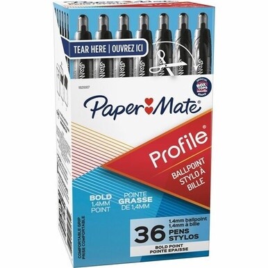 Paper Mate Retractable Profile Ballpoint Pens - Super Bold Pen Point - 1.4 mm Pen Point Size - Conical Pen Point Style - Refillable - Retractable - Black Gel-based Ink - Translucent Black Barrel - 36 