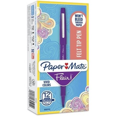 Paper Mate Flair Point Guard Felt Tip Marker Pens - Medium Pen Point - Purple Water Based Ink - Purple Barrel - 1 Dozen