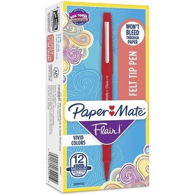 Paper Mate Flair Point Guard Felt Tip Marker Pens - Medium Pen Point - Red Water Based Ink - Red Barrel - 1 Dozen
