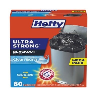 Ultra Strong BlackOut Tall-Kitchen Drawstring Bags, 13 gal, 0.9 mil, 23.75&quot; x 24.88&quot;, Black, 80/Box