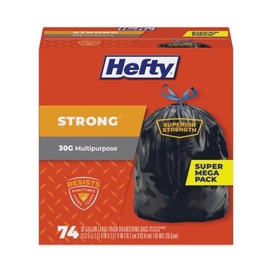 Strong Multipurpose Drawstring Trash Bags, 30 gal, 1.1 mil, 30&quot; x 33&quot;, Black, 74/Box, 3 Boxes/Carton