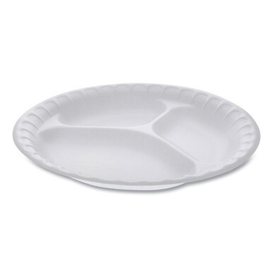Placesetter Satin Non-Laminated Foam Dinnerware, 3-Compartment Plate, 9&quot; dia, White, 500/Carton