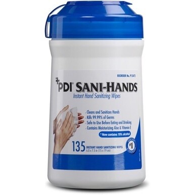 PDI Sani-Hands Instant Hand Sanitizing Wipes - 6&quot; x 7.50&quot; - White - Hygienic, Moisturizing - For Hand, Residential - 135 Per Canister - 1 Each