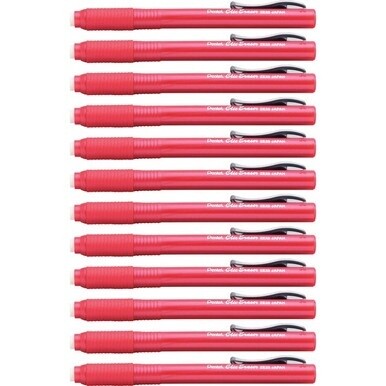 Pentel Rubber Grip Clic Eraser - Red - Pen - Refillable - 12 / Box - Retractable, Latex-free Grip, Pocket Clip, Ghost Resistant, Non-abrasive