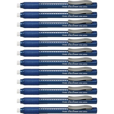Pentel Rubber Grip Clic Eraser - Blue - Pen - Refillable - 12 / Box - Retractable, Latex-free Grip, Pocket Clip, Ghost Resistant, Non-abrasive