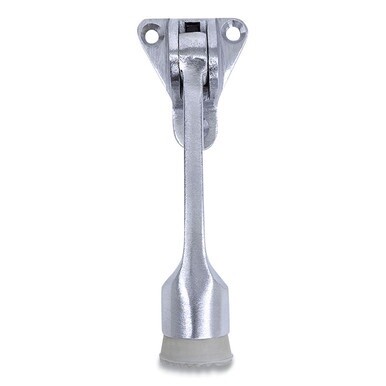 Hinged Kick-Down Door Stop with Triangular Three-Point Mounting Plate, 1&quot; Wide Door Mount, 4.18 Long Stopper, Satin Chrome